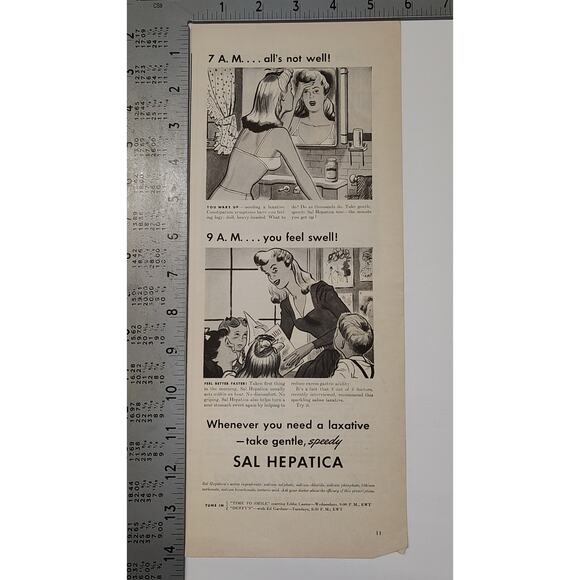 1943 Sal Hepatica Print Ad 7AM Not Well 9AM Swell Laxative Humor 1940s Ephemera - Picture 4 of 8